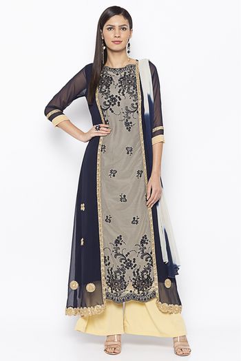 Plus Size Stitched Net Embroidery Palazzo Pant Suit In Navy Blue Colour - SS2710769