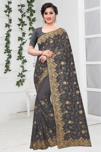 Vichitra Silk Designer Saree In Grey Blue Colour