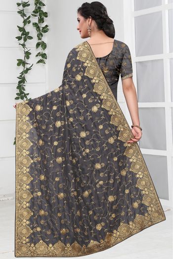 Vichitra Silk Designer Saree In Grey Blue Colour