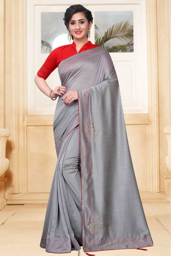 silver grey satin silk designer saree with contrast Embroidery –  Zaribanaras global