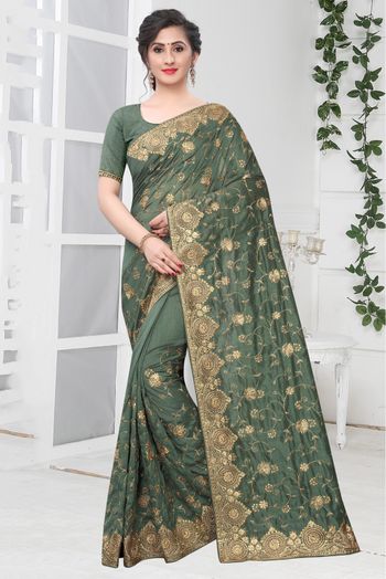 Organza Fabric Embroidery Work Grey Color Designer Saree