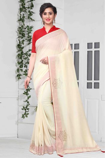 White Embroidered Designer Silk Saree - Urban Womania