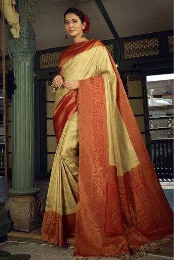 Art Silk Woven Saree In Beige Colour