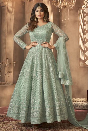 Butterfly Net Embroidery Anarkali Suit In Mint Green Colour