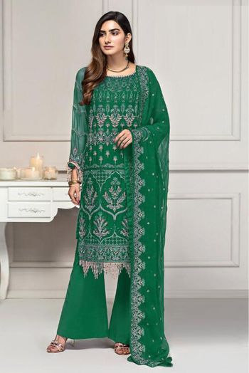 Georgette Embroidery Pakistani Suit In Green Colour