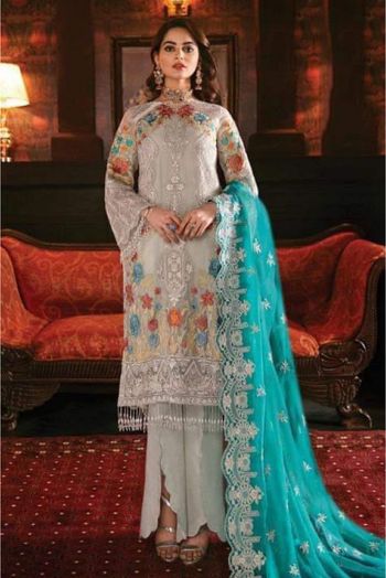 Georgette Embroidery Pakistani Suit In Grey Colour