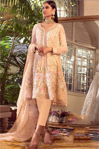 Georgette Embroidery Pakistani Suit In Peach Colour