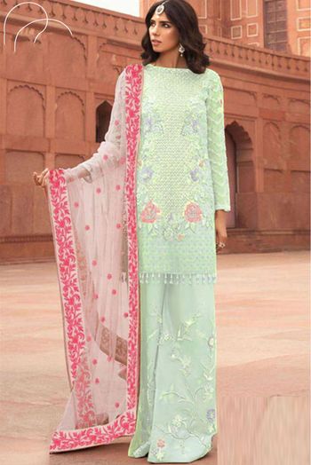 Georgette Embroidery Pakistani Suit In Pista Green Colour