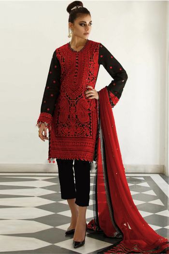 Georgette Embroidery Pakistani Suit In Red And Black Colour