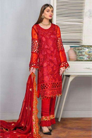 Georgette Embroidery Pakistani Suit In Red Colour