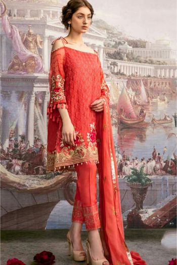 Georgette Embroidery Pakistani Suit In Red Colour