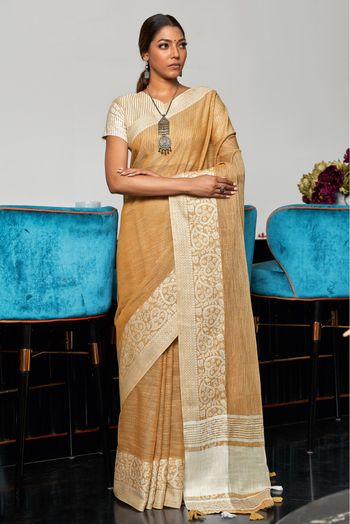 Linen Woven Saree In Beige Colour