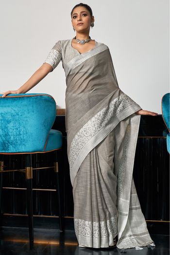 Linen Woven Saree In Grey Colour