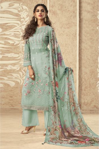 Net Embroidery Pakistani Suit In Green Colour