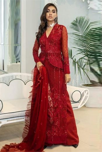 Net Embroidery Pakistani Suit In Red Colour