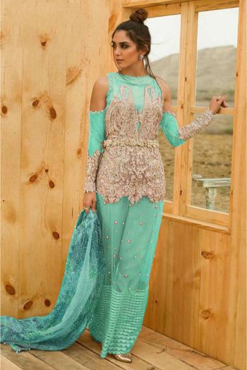 Net Embroidery Pakistani Suit In Sea Green Colour