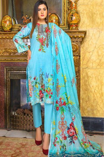 Satin Cotton Patch Work Pakistani Suit In Sky Blue Colour