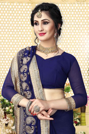 Georgette Embroidered Saree In Navy Blue Colour - SR1541009