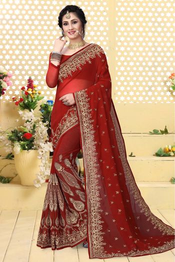 Georgette Embroidered Saree In Red Colour - SR1541015