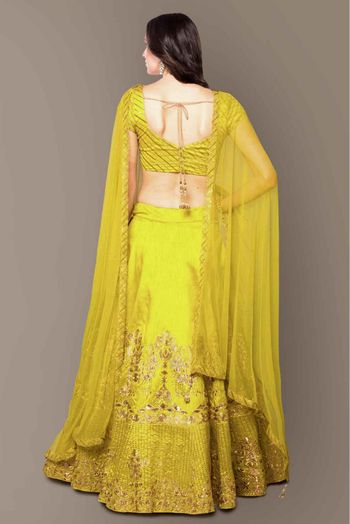 Banglory Silk Embroidery Lehenga Choli In Green Colour