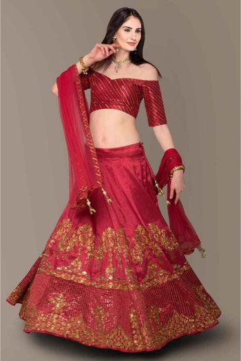 Banglory Silk Embroidery Lehenga Choli In Red Colour