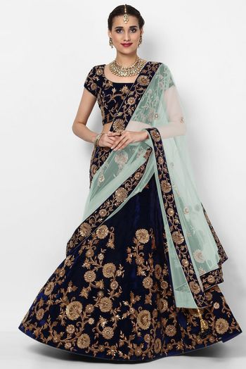 Velvet Silk Embroidery Lehenga Choli In Blue Colour - LD3820096