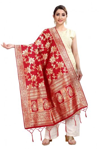 Banarasi Silk Woven Dupatta In Red Colour - DU1354345