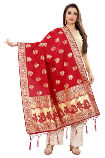 Banarasi Silk Woven Dupatta In Red Colour - DU1354365