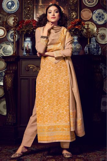 Cotton Jacquard Straight Suit In Mustard Colour