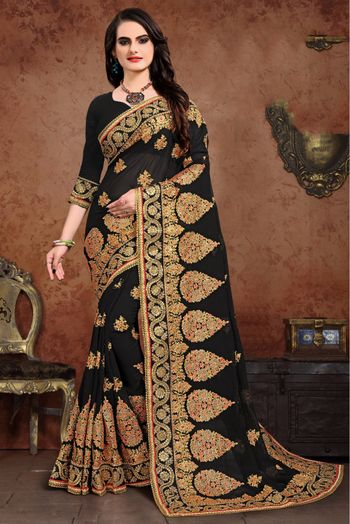 Gerogette Designer Saree In Black Colour