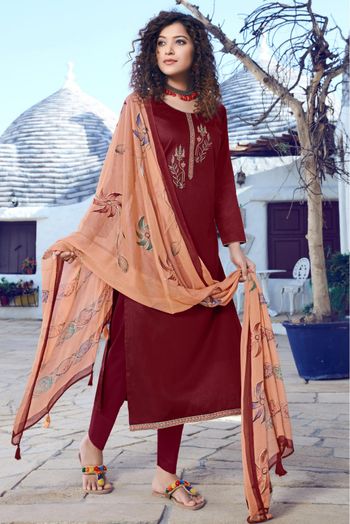 Jam Silk Straight Suit In Maroon Colour