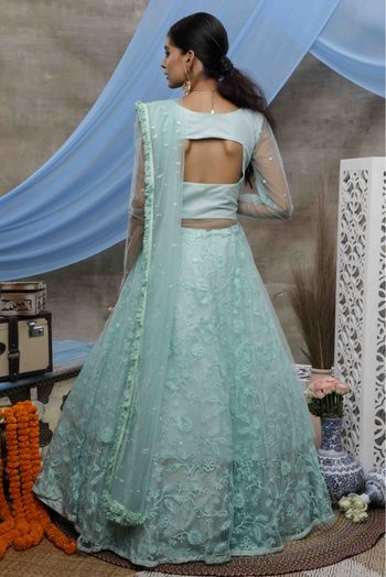 Net Embroidery Lehenga Style Gown In Mint Green Colour