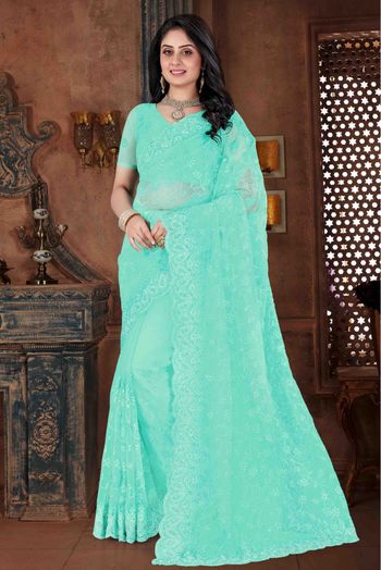 Net Embroidery Saree In Aqua Green Colour