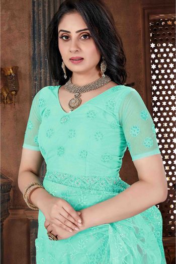 Net Embroidery Saree In Aqua Green Colour