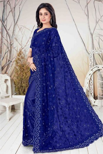 Net Embroidery Saree In Blue Colour - SR4690268