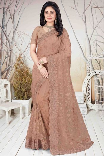 Net Embroidery Saree In Light Brown Colour