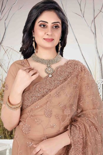 Net Embroidery Saree In Light Brown Colour