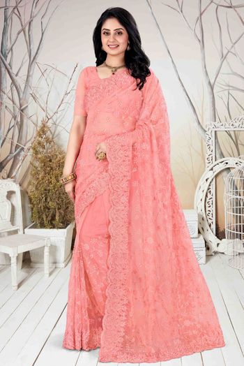 Net Embroidery Saree In Peach Colour - SR4690269