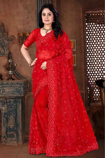 Net Embroidery Saree In Red Colour - SR4690263