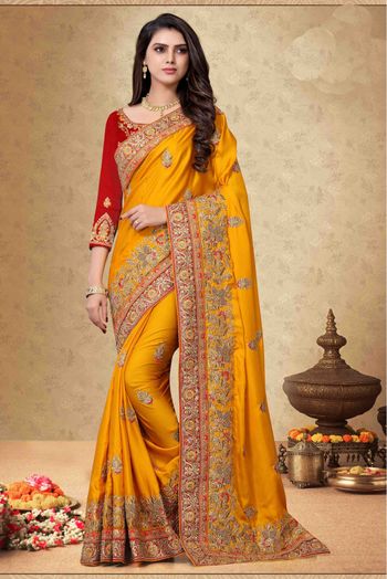 Satin Georgette Embroidery Saree In Mustard Colour - SR1542076