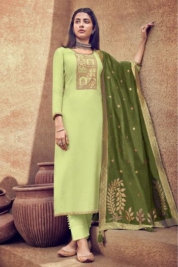 Viscose Muslin Straight Suit In Light Green Colour