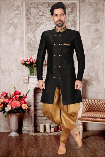 Brocade Silk Dhoti Sherwani In Black Colour