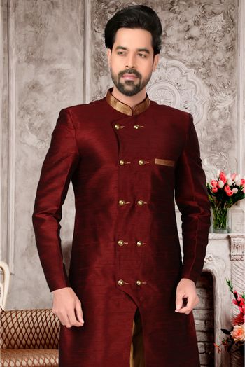 Brocade Silk Dhoti Sherwani In Dark Maroon Colour