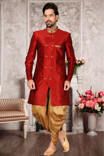 Brocade Silk Dhoti Sherwani In Maroon Colour