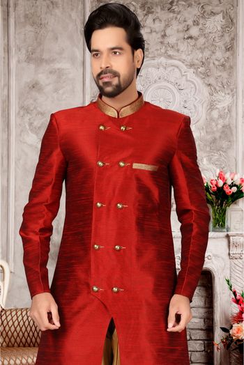 Brocade Silk Dhoti Sherwani In Maroon Colour