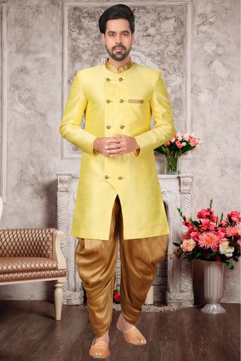 Brocade Silk Dhoti Sherwani In Yellow Colour