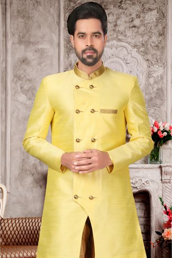 Brocade Silk Dhoti Sherwani In Yellow Colour