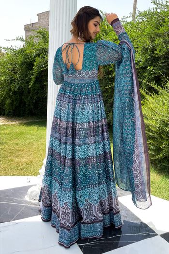 Chanderi Digital Print Gown In Blue Colour - GW1047133