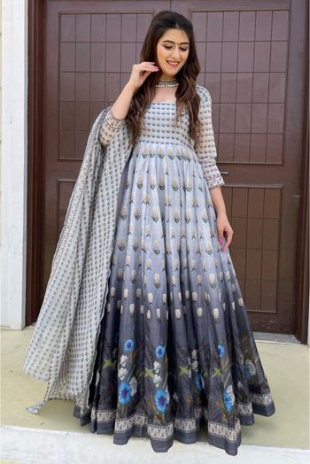 Chanderi Digital Print Gown In Grey Colour