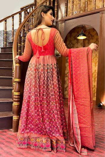 Chanderi Digital Print Gown In Red Pink Colour